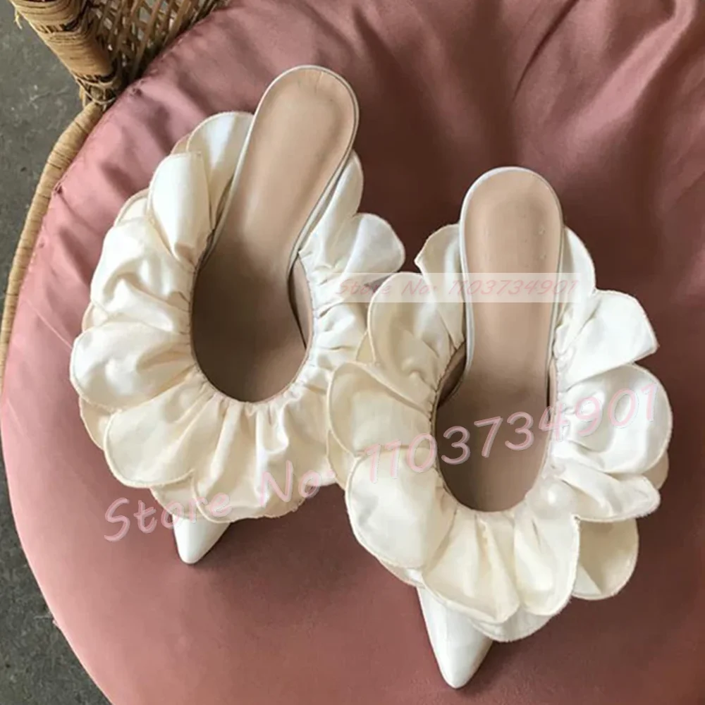 Women Shoes Zara - Beyaz Çiçek Saten Sivri Burun Slaytlar