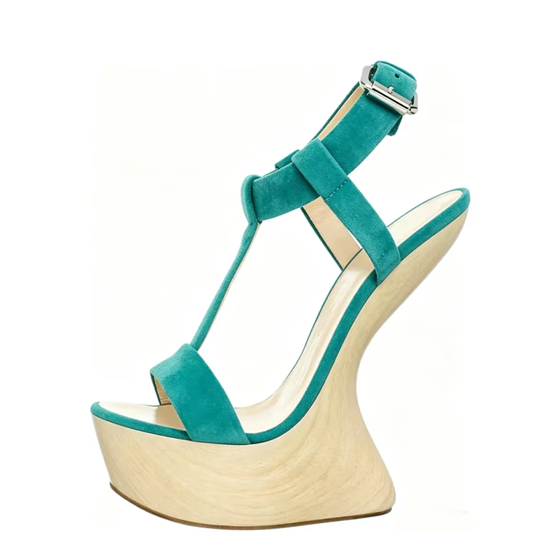 Kids Shoes Women - Ahşap Desenli Topuklu Yeşil Süet Sandaletler
