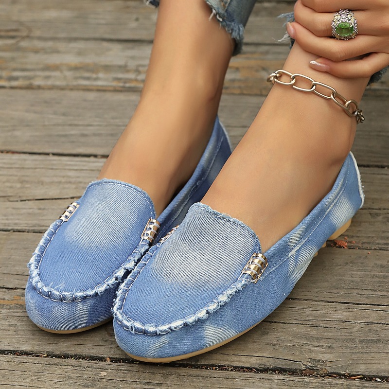 Women Shoes Loafers - Moda Açık Mavi Kot Mokasenler Metal