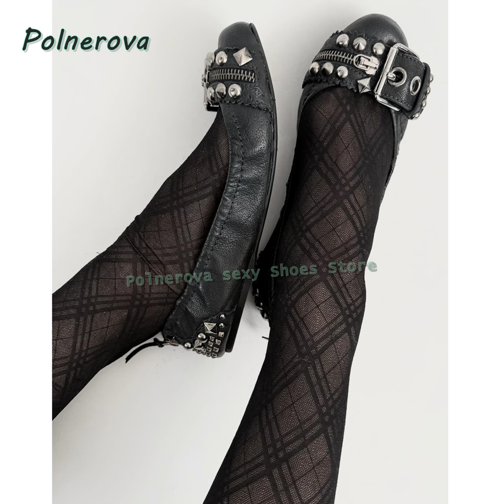 Pointed Toe Flat - Perçinli Tokalı Mary Jane Ayakkabılar Sivri
